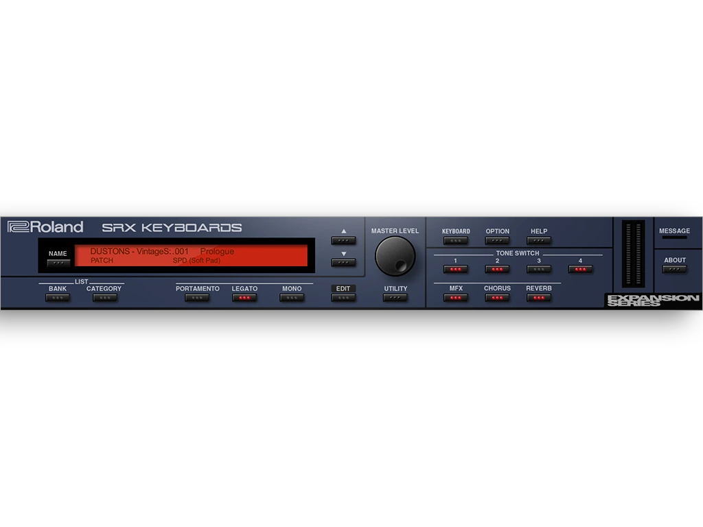 Roland SRX Keyboards software synthesizer interface displaying the “DUSTONS – VintageS: 001 Prologue” preset with classic vintage synth sound design controls and expansion series panel.