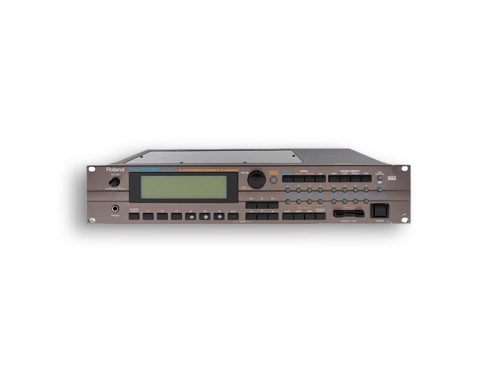 Roland XV-5080 rackmount synthesizer and sample playback sound module isolated on a transparent background, featuring professional music production controls, expansion slots, and classic Roland studio hardware design.