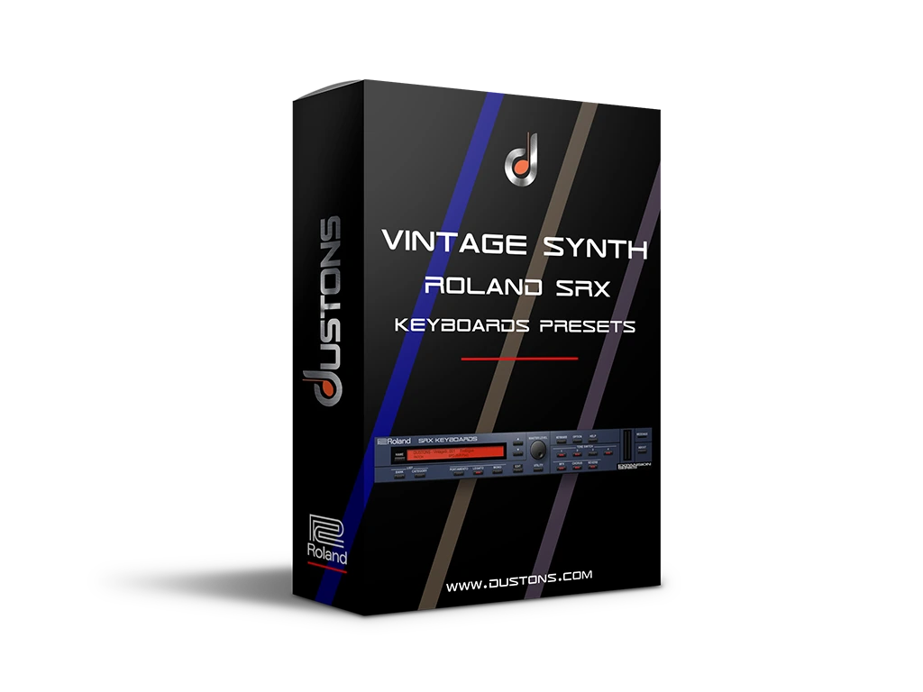 Vintage Synth Roland SRX Keyboards Presets software box featuring Roland SRX keyboard module artwork, vintage synthesizer sound collection, and DUSTONS branding for Roland Cloud SRX Keyboards.