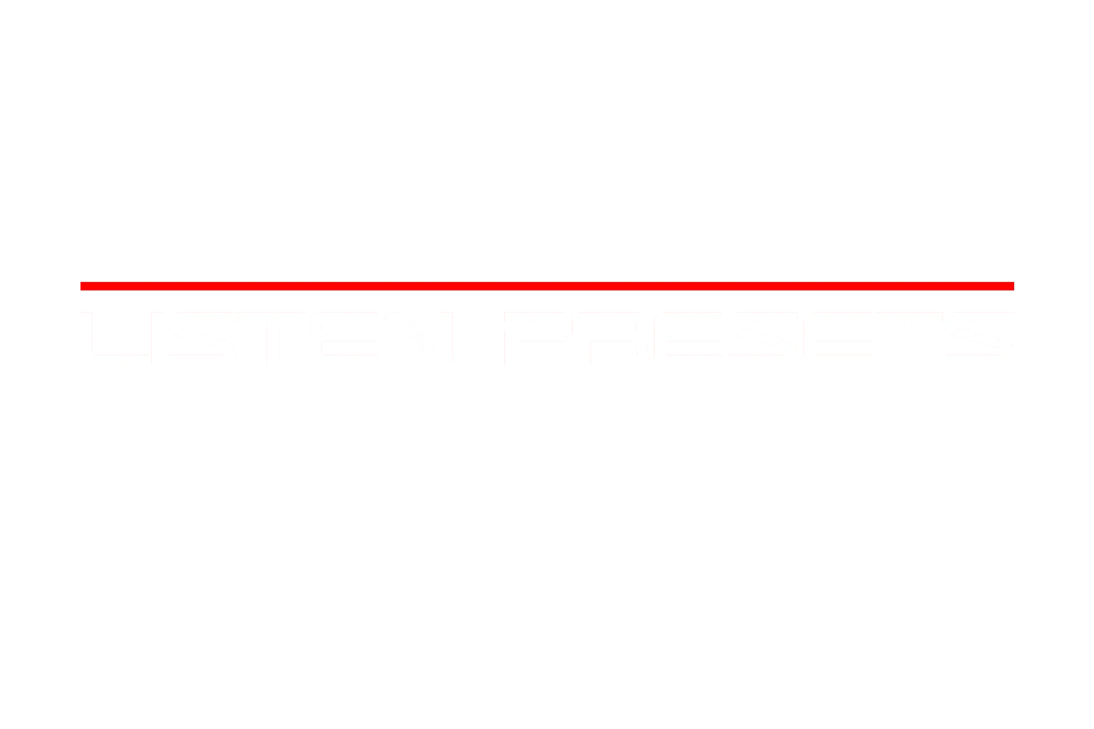 Listen Presets futuristic red and white logo banner with bold geometric typography on a light gray background, representing premium synthesizer presets and sound design branding.